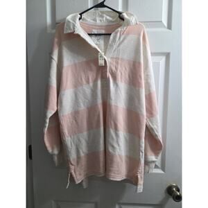 Aerie Pep Rally Oversized Rugby Stripe Sweatshirt Pink White, Size Small